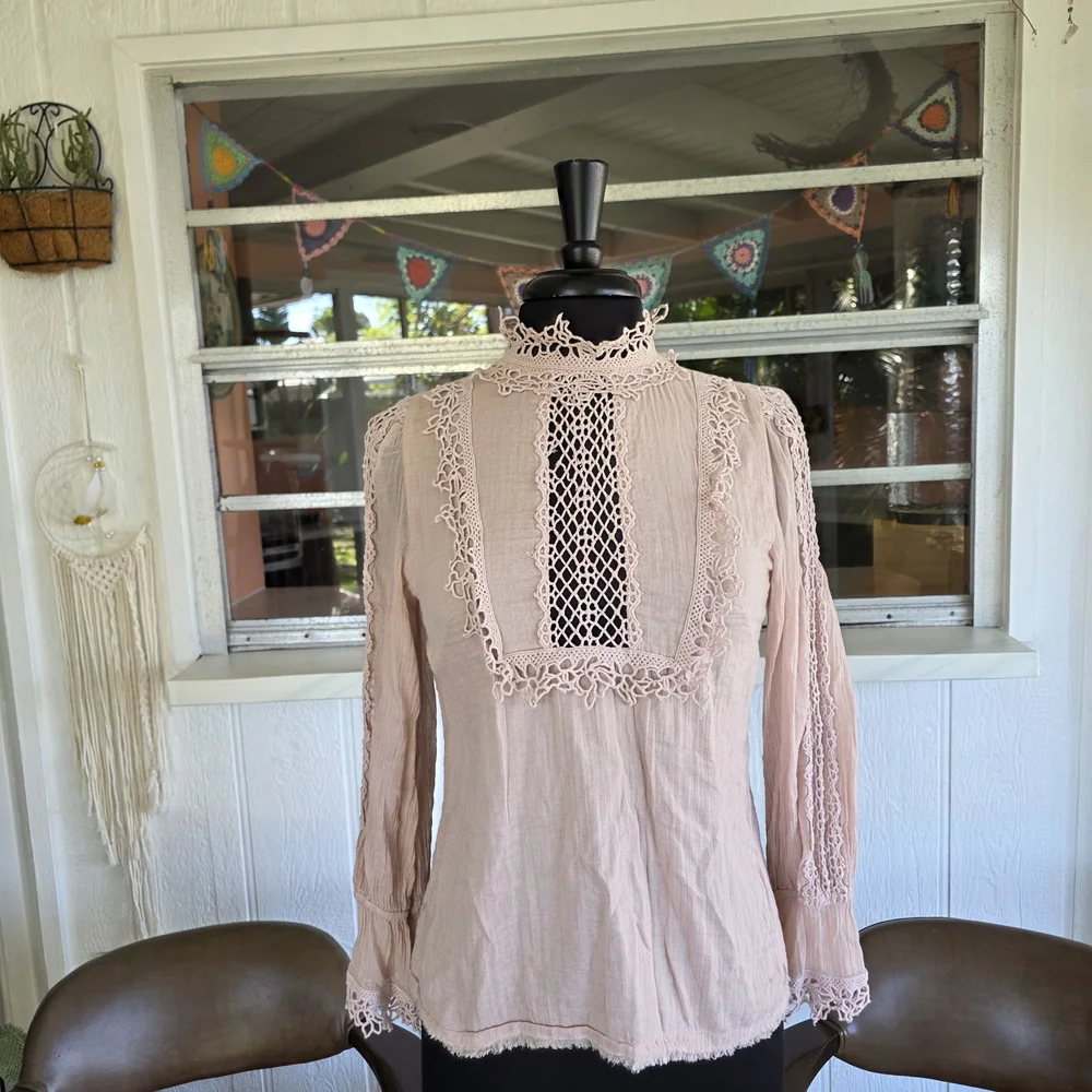 Free People FP One Victoria Top Blush Crochet-Trim Long Sleeve Top